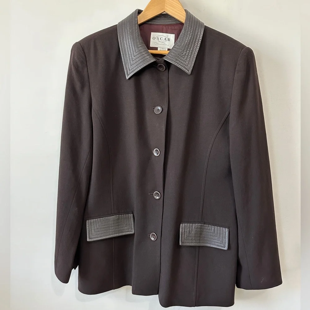 Vintage Brown Wool & Leather Contrast Blazer Jacket By Oscar De La Renta Size 14 - Picture 3 of 14